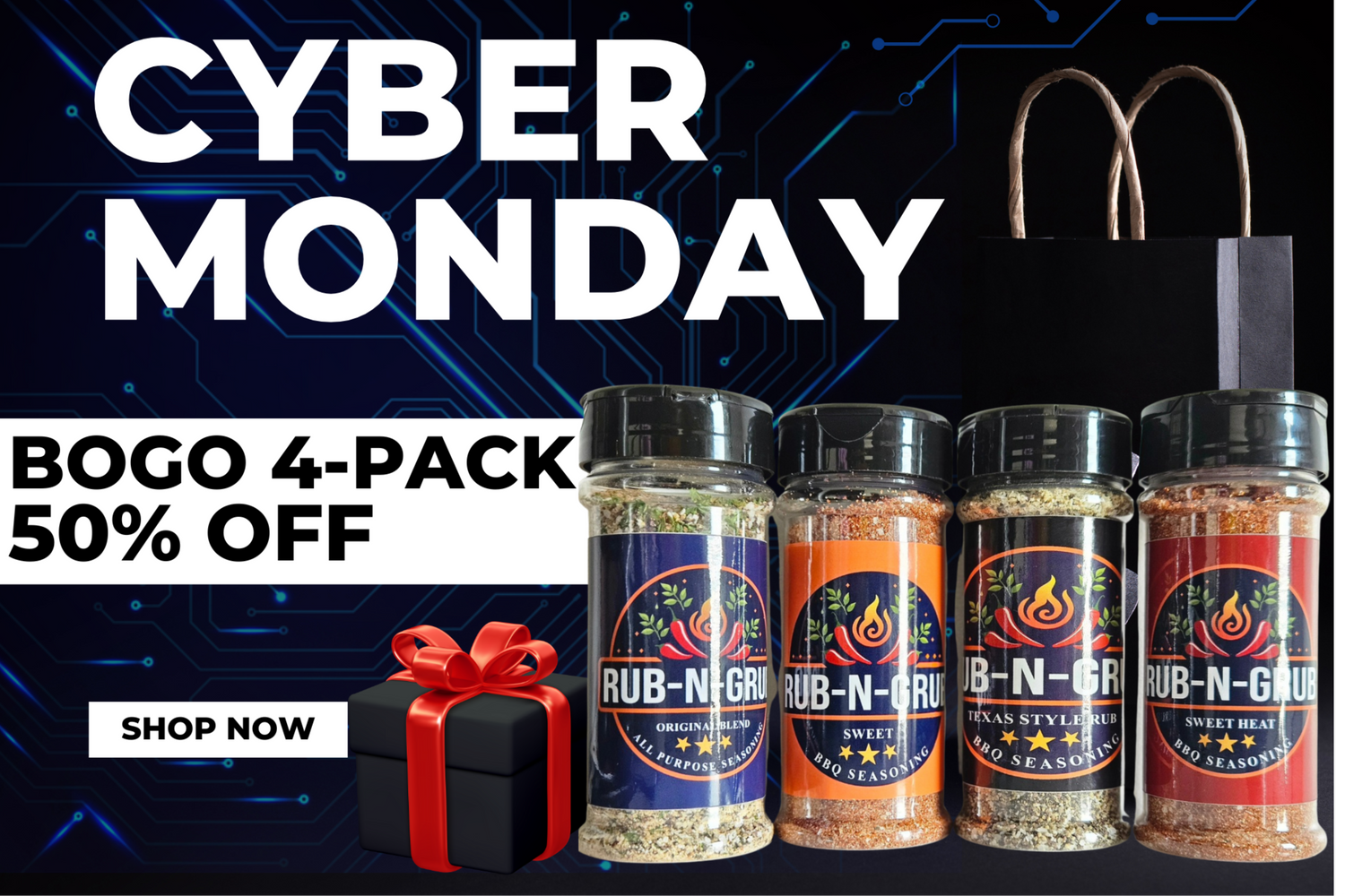 Promotional graphic for Cyber Monday with BOGO 4-pack offer on a dark background.
